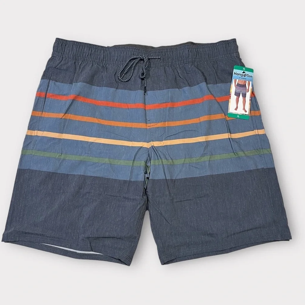 Hang Ten Mens Swim Trunks Dark Blue Striped 9 Inch Inseam XL‎ New With Tags